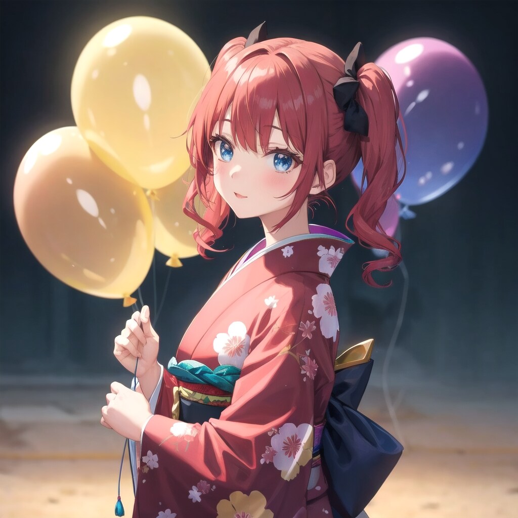 いっぱい風船を持つ赤い髪ツインテールの着物着た美女。