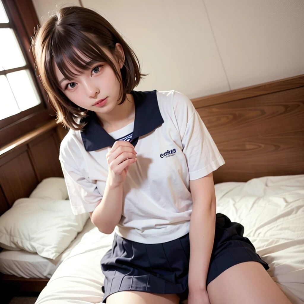 茶髪ボブで寝室の美女