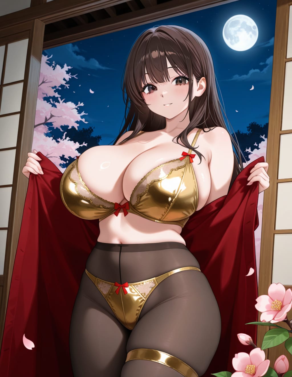 金色下着&パンストの宣子さんと夜桜(PixAI版)