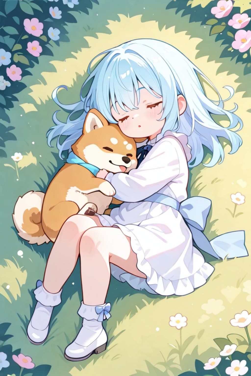 柴犬と寝る青髪ちゃん