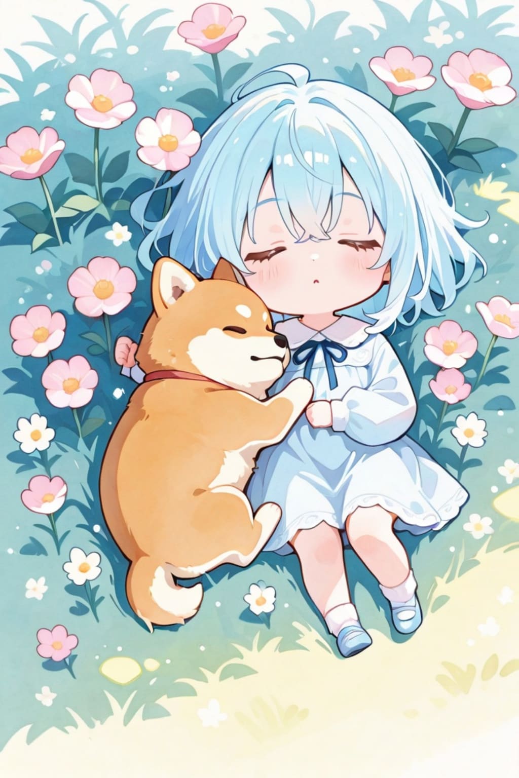 柴犬と寝る青髪ちゃん