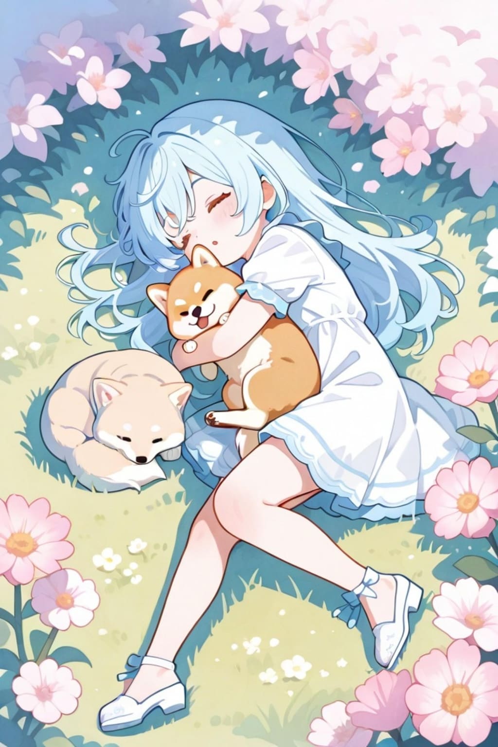 柴犬と寝る青髪ちゃん