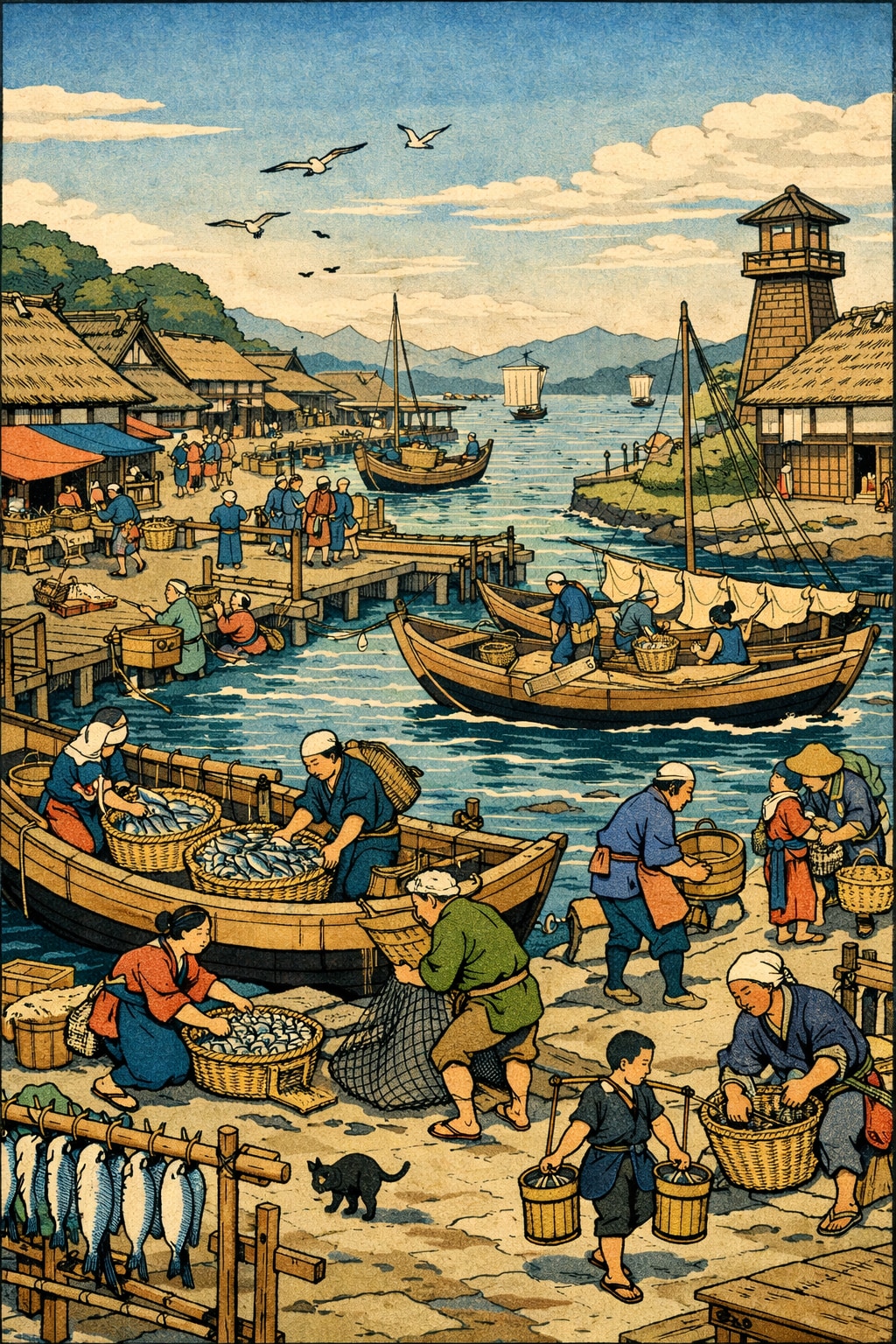 活気に満ちた漁村 | の人気AIイラスト・グラビア