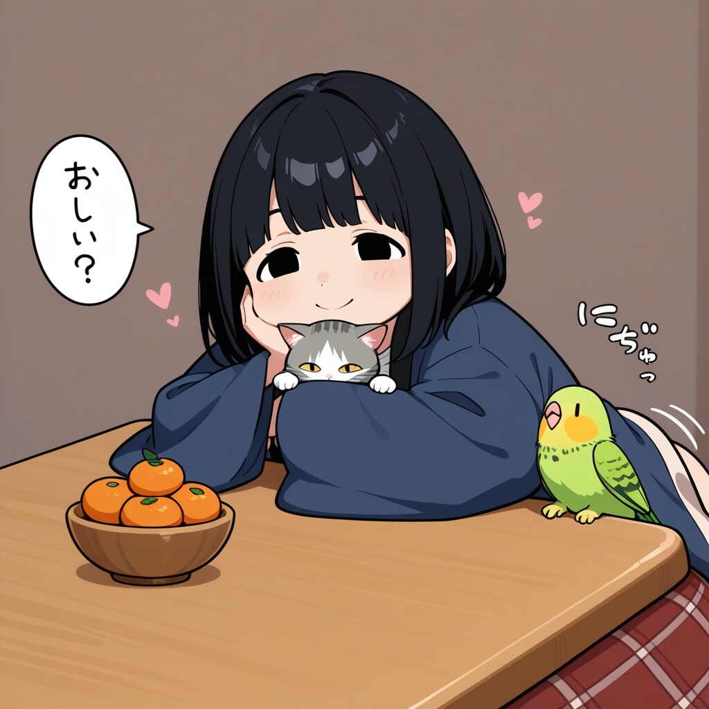 こたつでダメになるママンと喋るインコと猫
