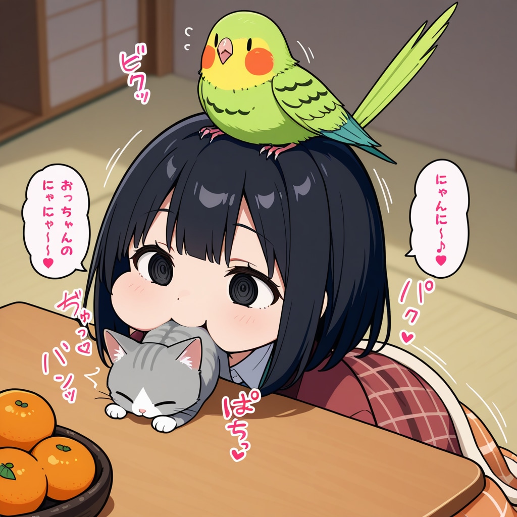 こたつでダメになるママンと喋るインコと猫