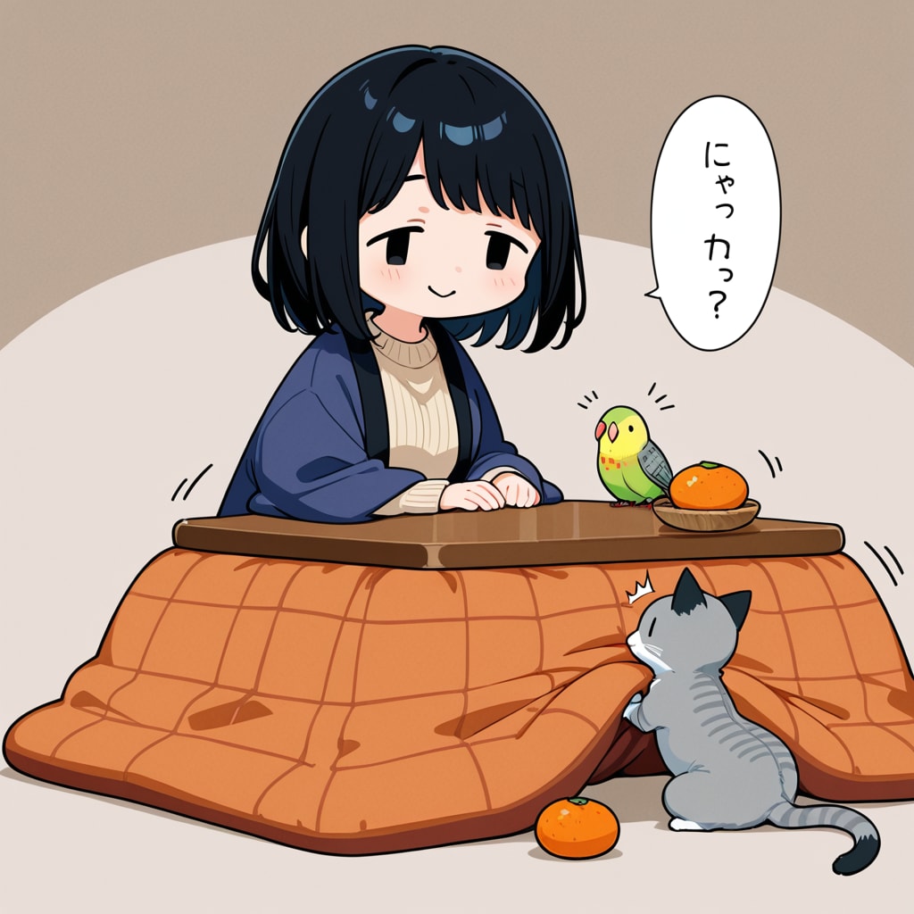 こたつでダメになるママンと喋るインコと猫