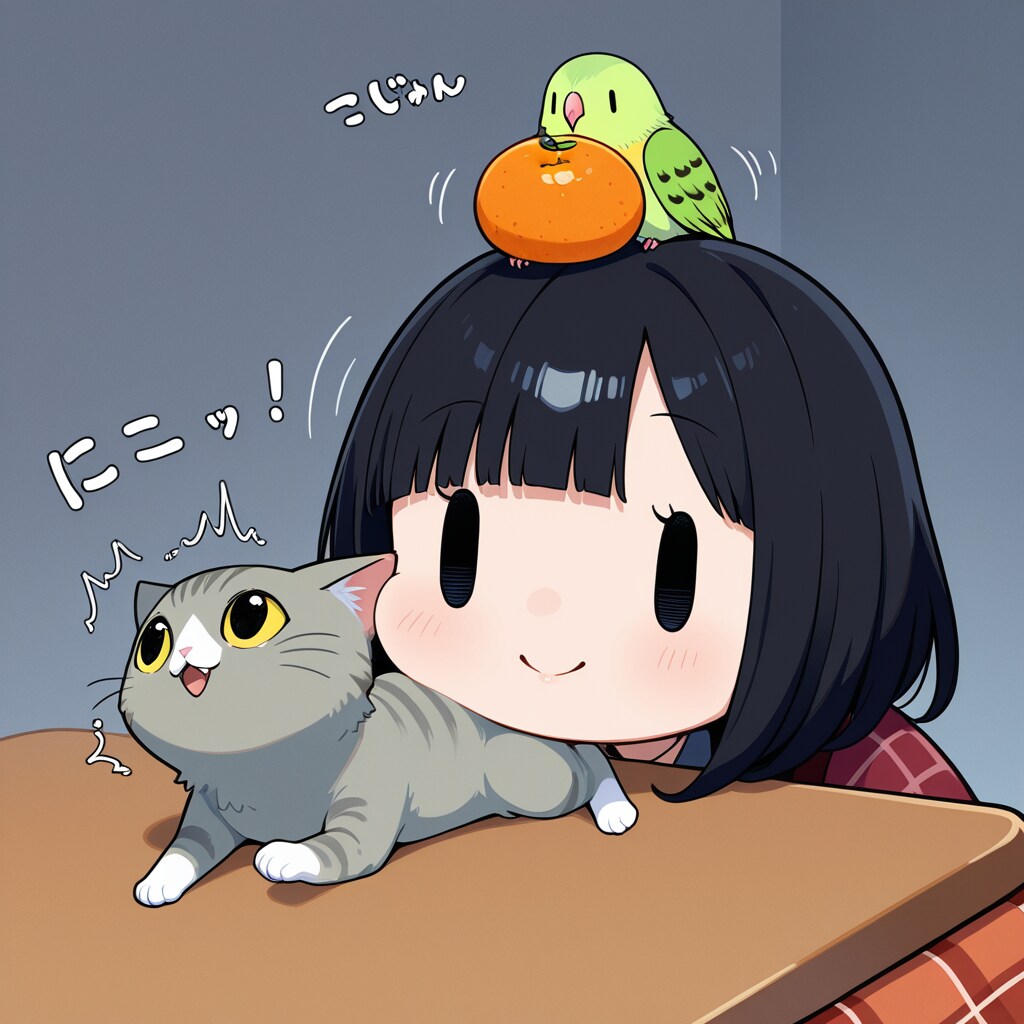 こたつでダメになるママンと喋るインコと猫