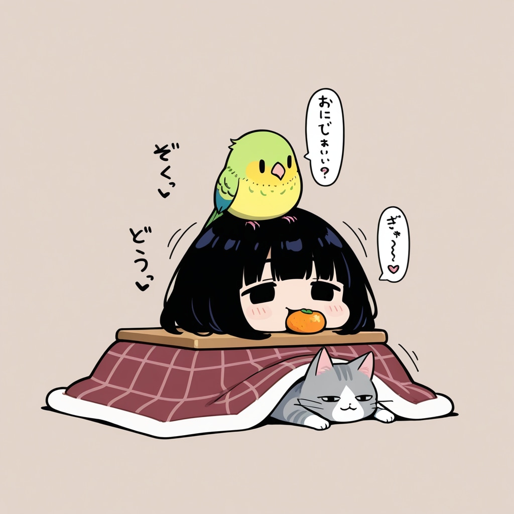 こたつでダメになるママンと喋るインコと猫