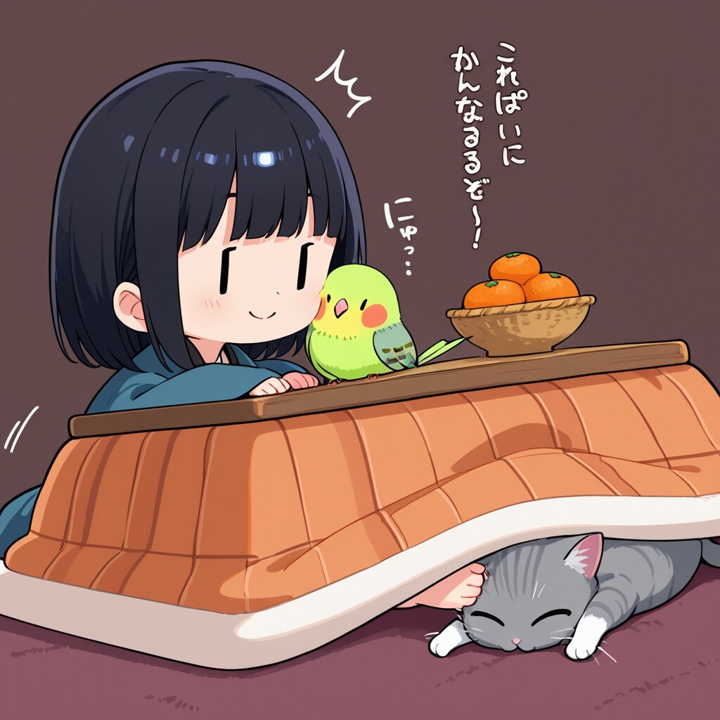 こたつでダメになるママンと喋るインコと猫