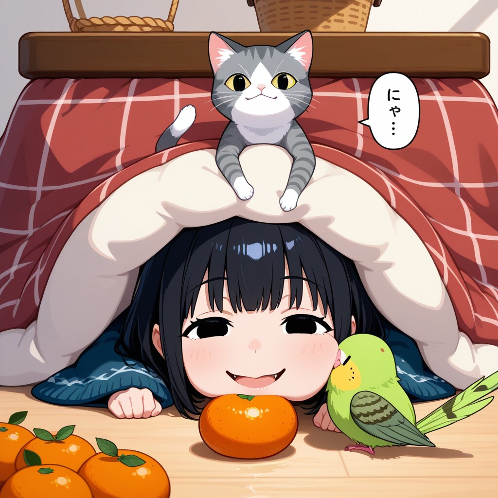 こたつでダメになるママンと喋るインコと猫