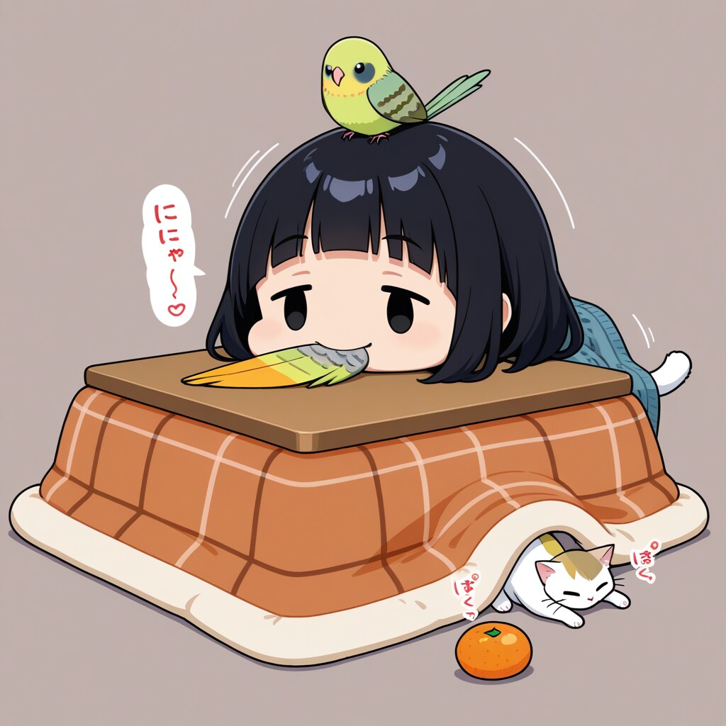 こたつでダメになるママンと喋るインコと猫