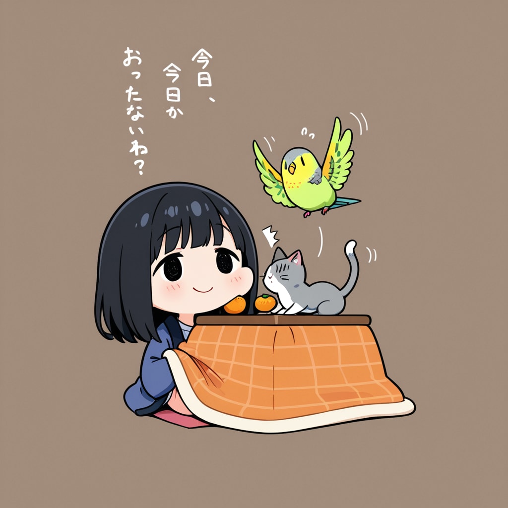 こたつでダメになるママンと喋るインコと猫