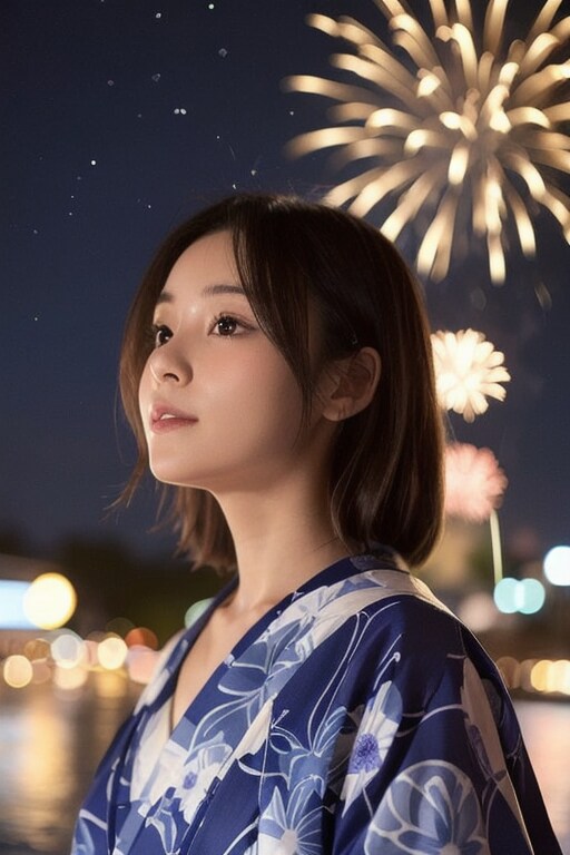 浴衣と花火と星空と女性と
