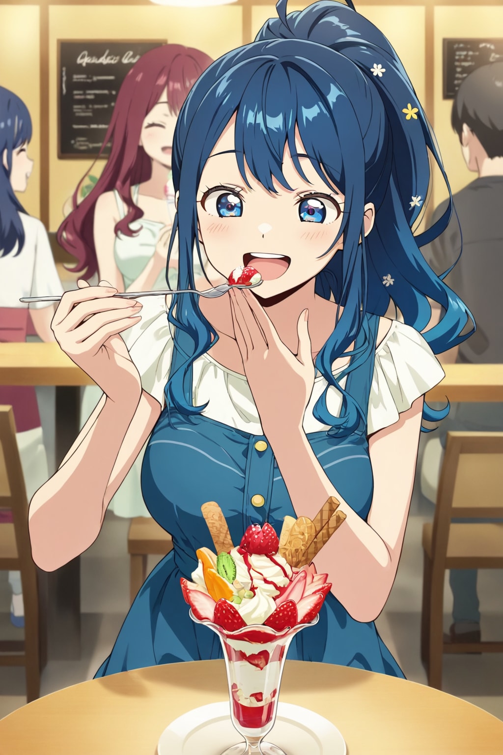 パフェを幸せそうに食べる大食い青髪娘🧁❤️
