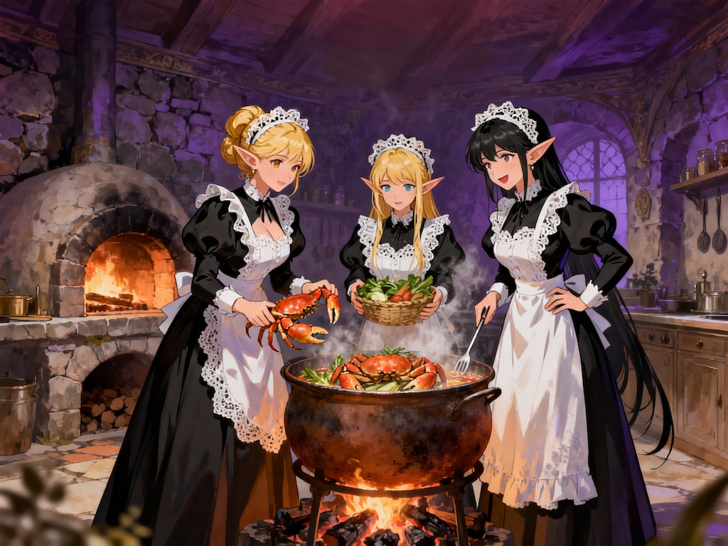 🦀蟹鍋を調理するエルフメイドさんw