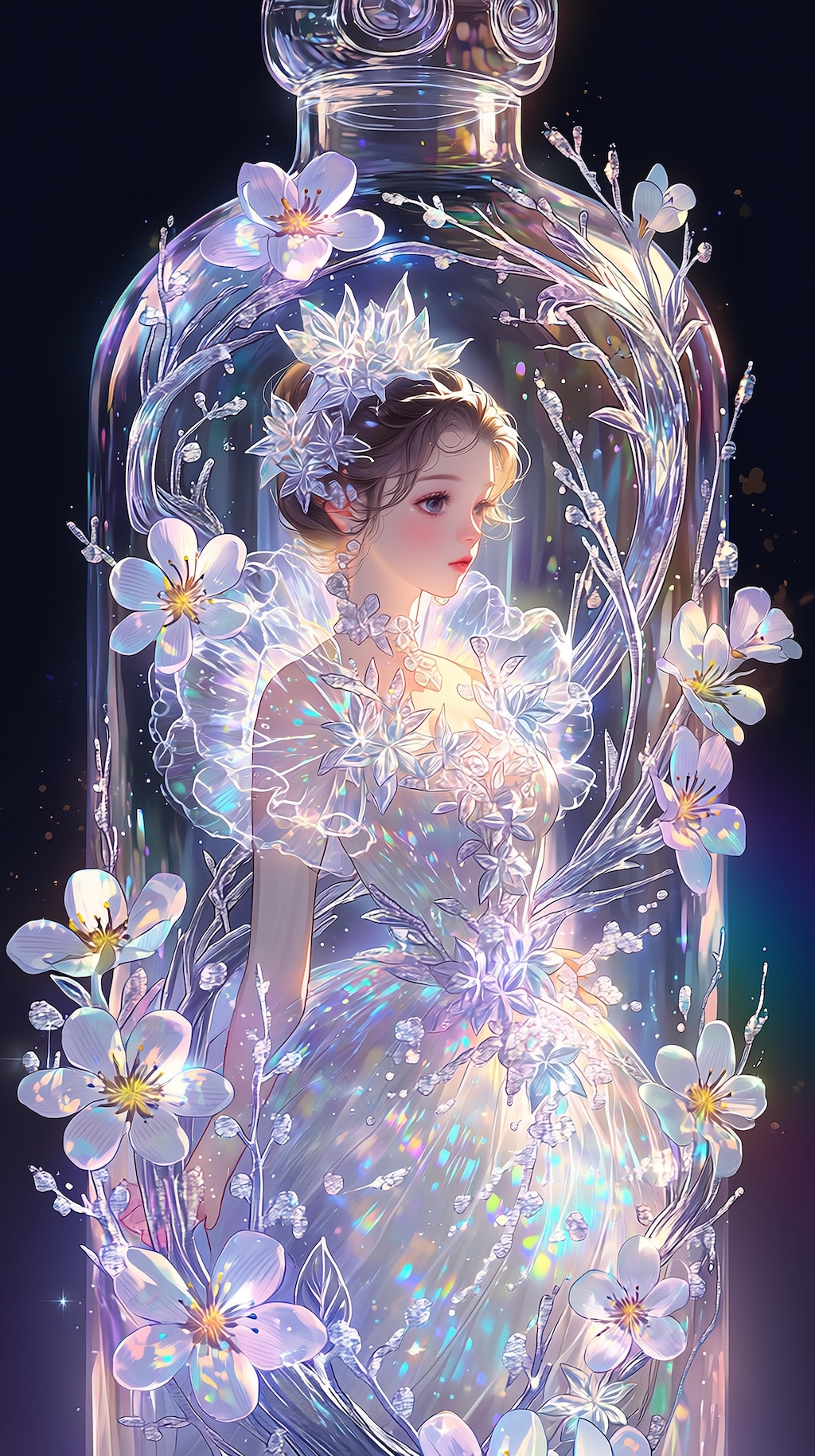 輝く瓶の中で微笑む花の妖精
