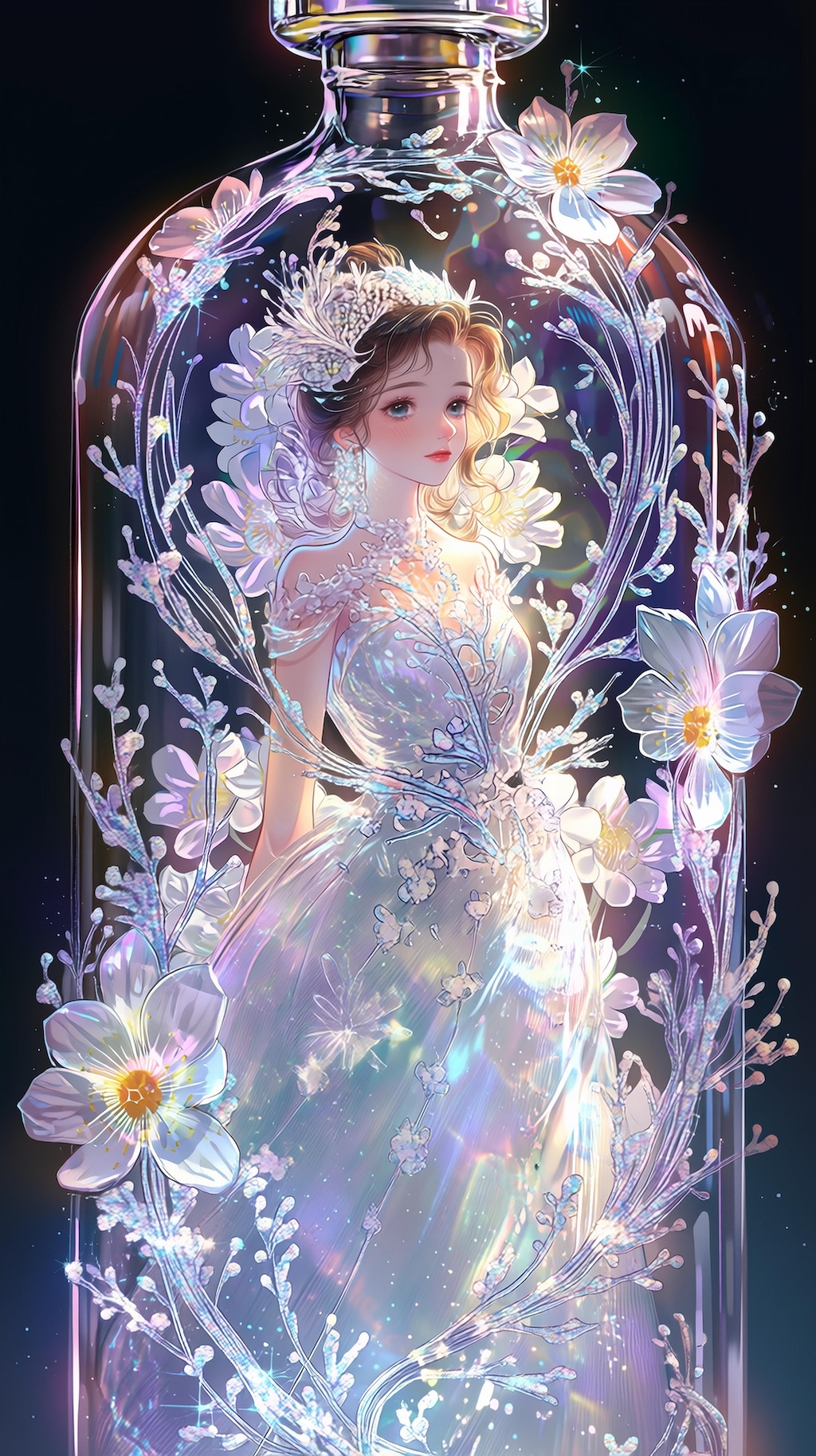 輝く瓶の中で微笑む花の妖精