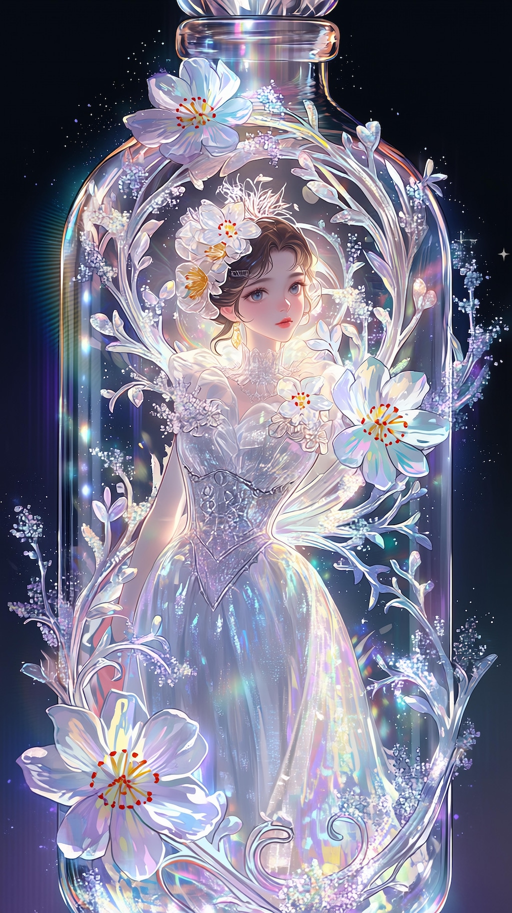輝く瓶の中で微笑む花の妖精