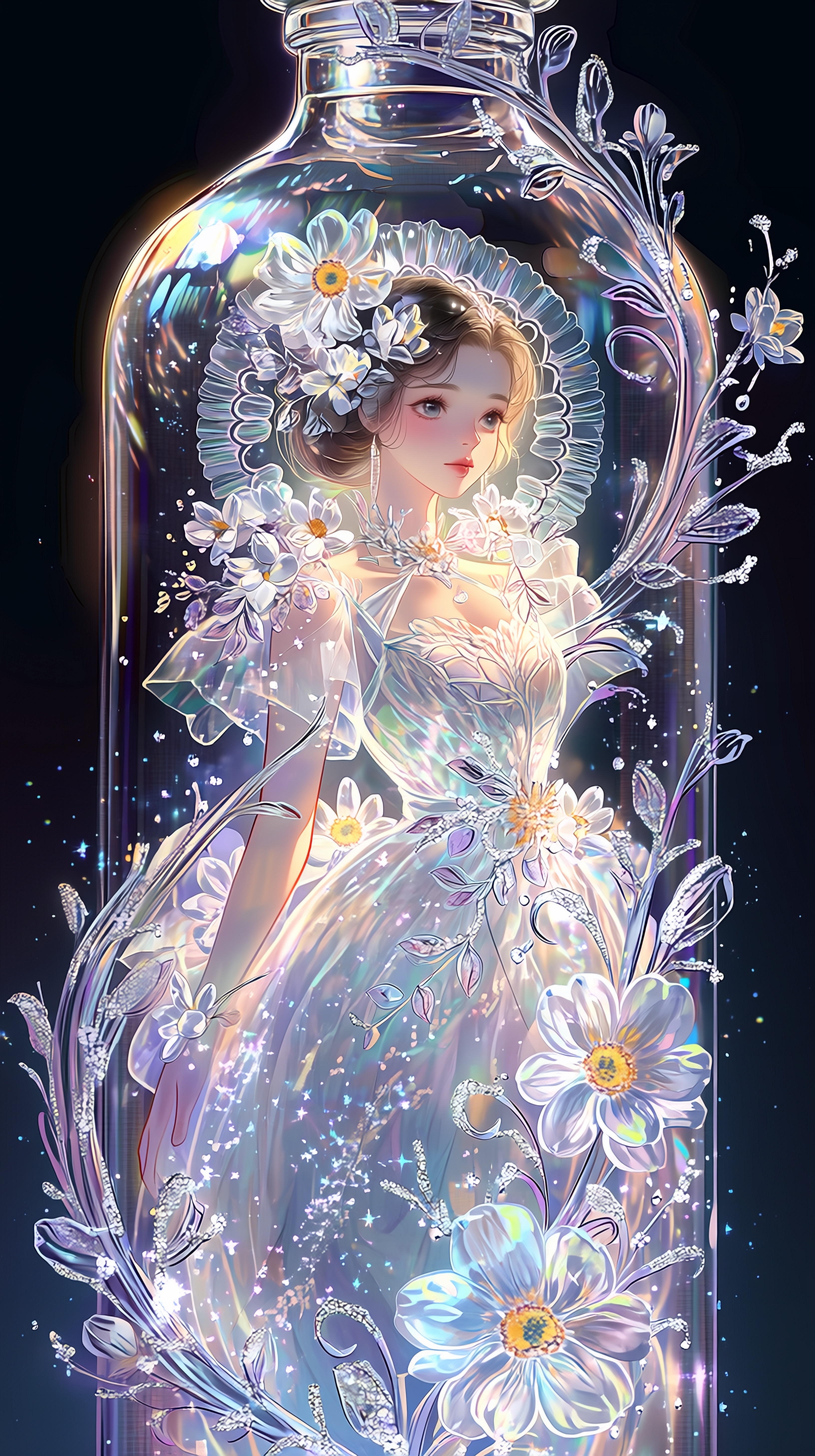 輝く瓶の中で微笑む花の妖精