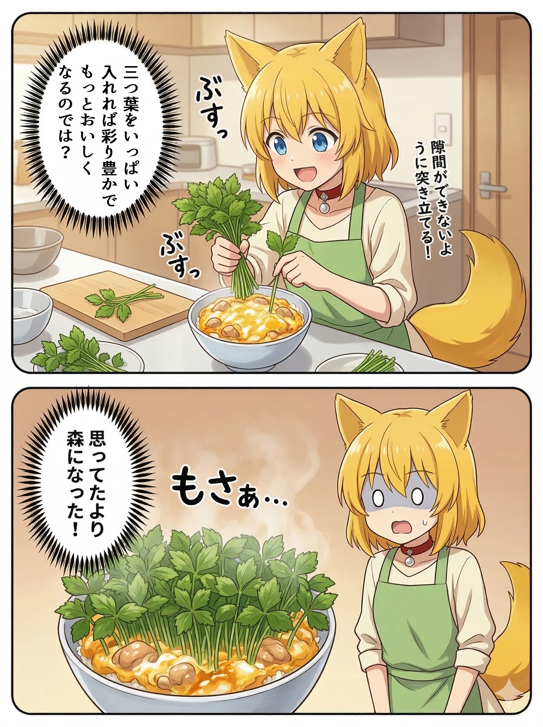 親子丼の見た目を良くしようと試みるキツネ | の人気AIイラスト・グラビア