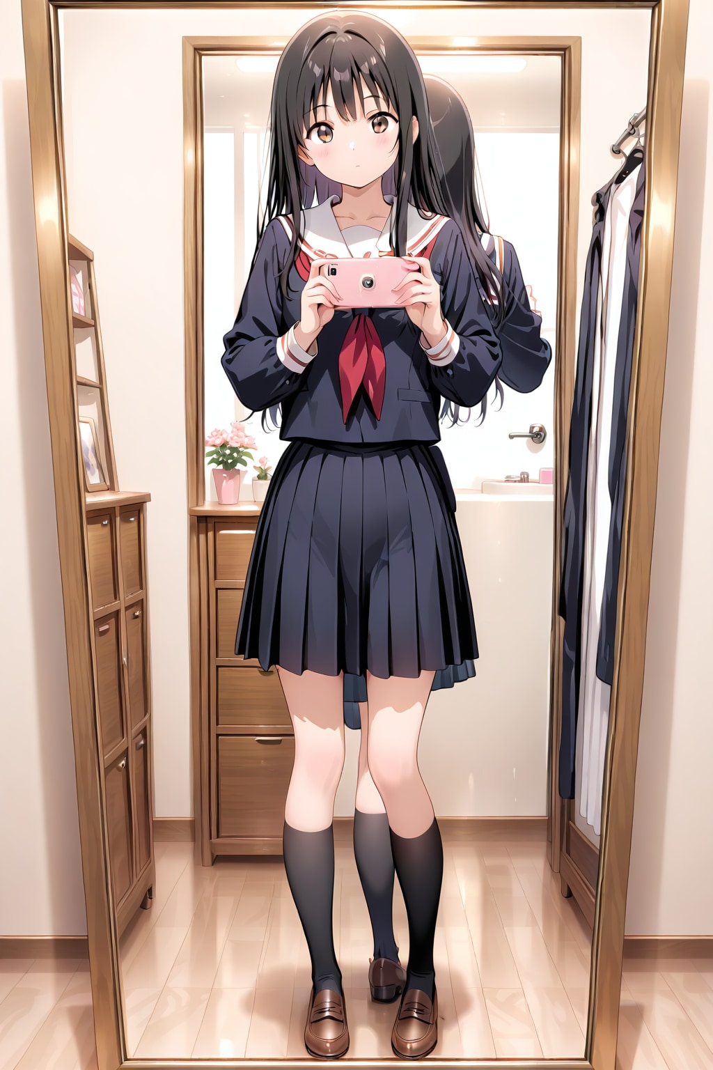 20251208鏡の前でポーズをとるセーラー服の黒髪の女性