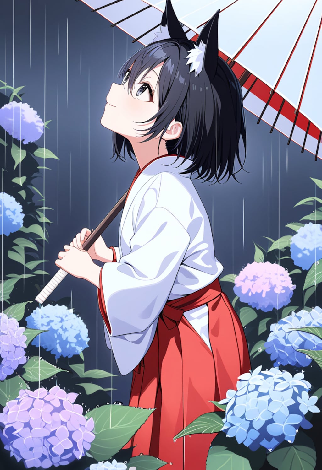 アジサイと狐巫女さん