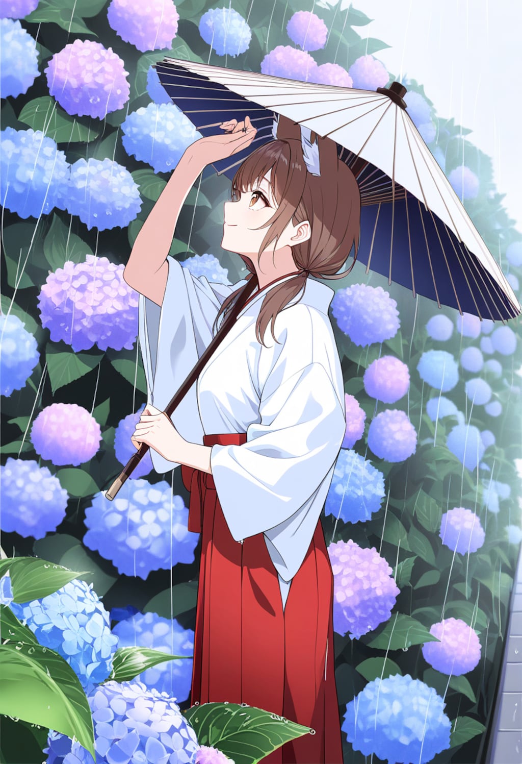 アジサイと狐巫女さん