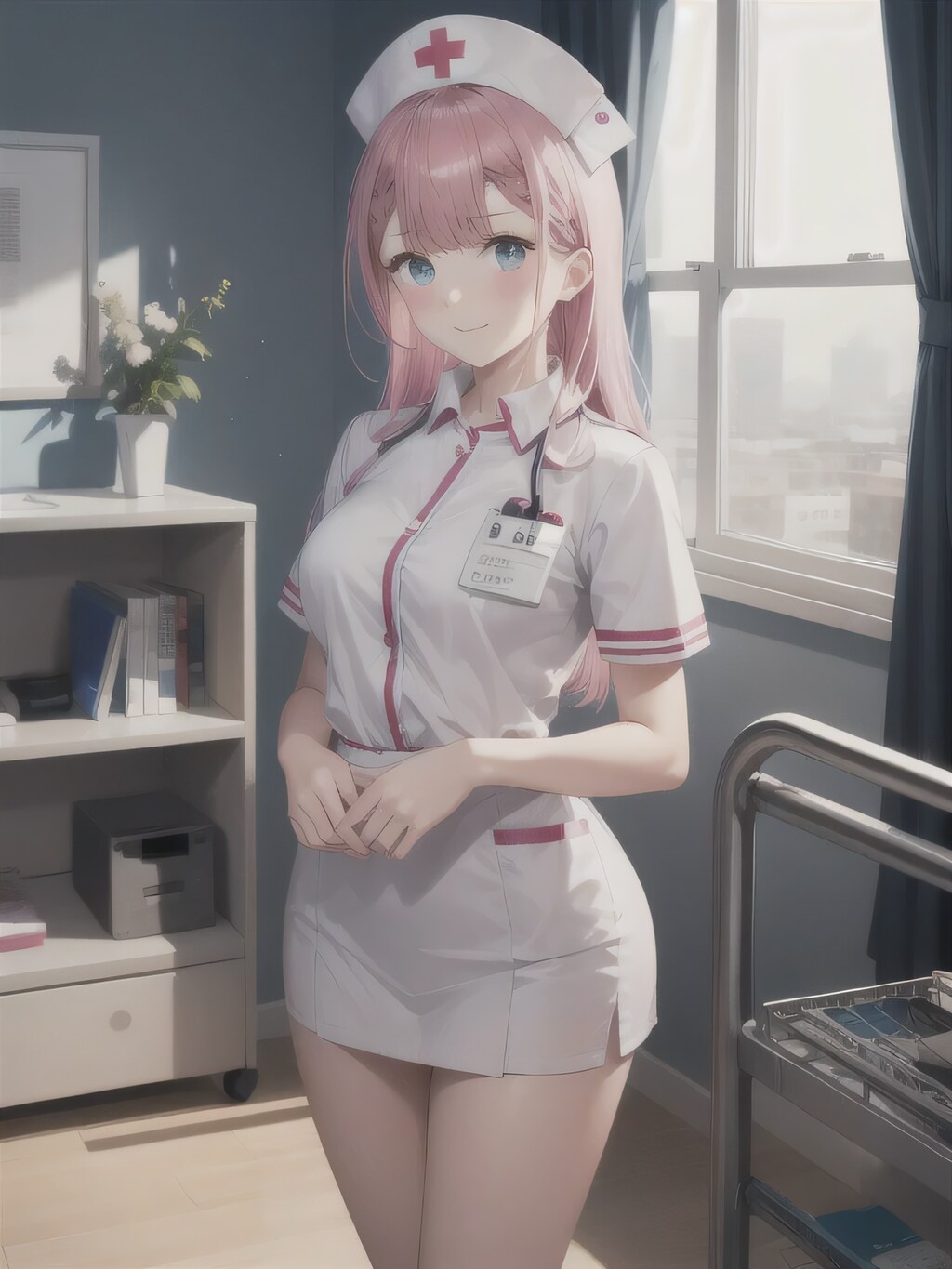 ピンク髪ロングで白衣の美女