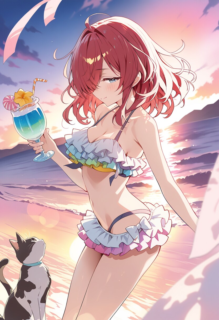 夕日が沈む海岸線と水着美少女