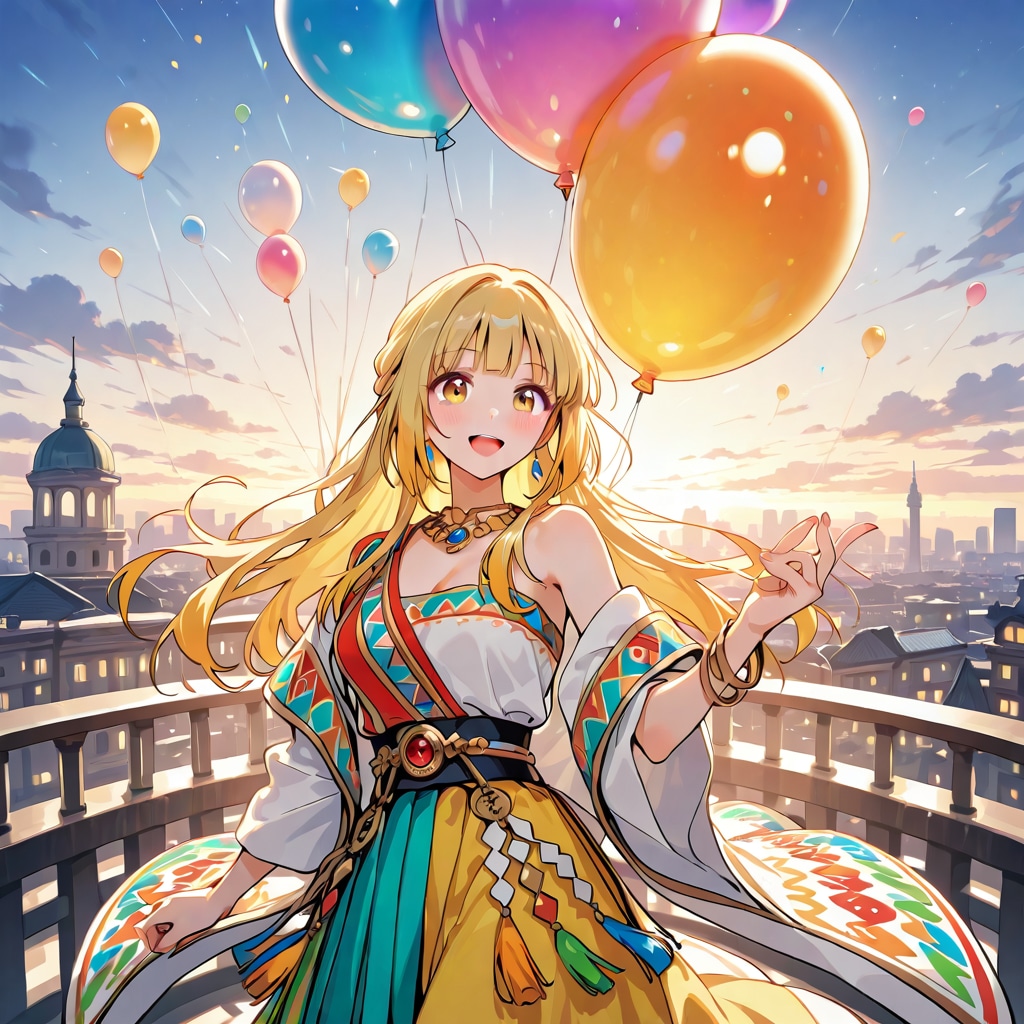 いっぱい色とりどりの風船を持つ黄色髪ロングの大正ロマンの服装した美女