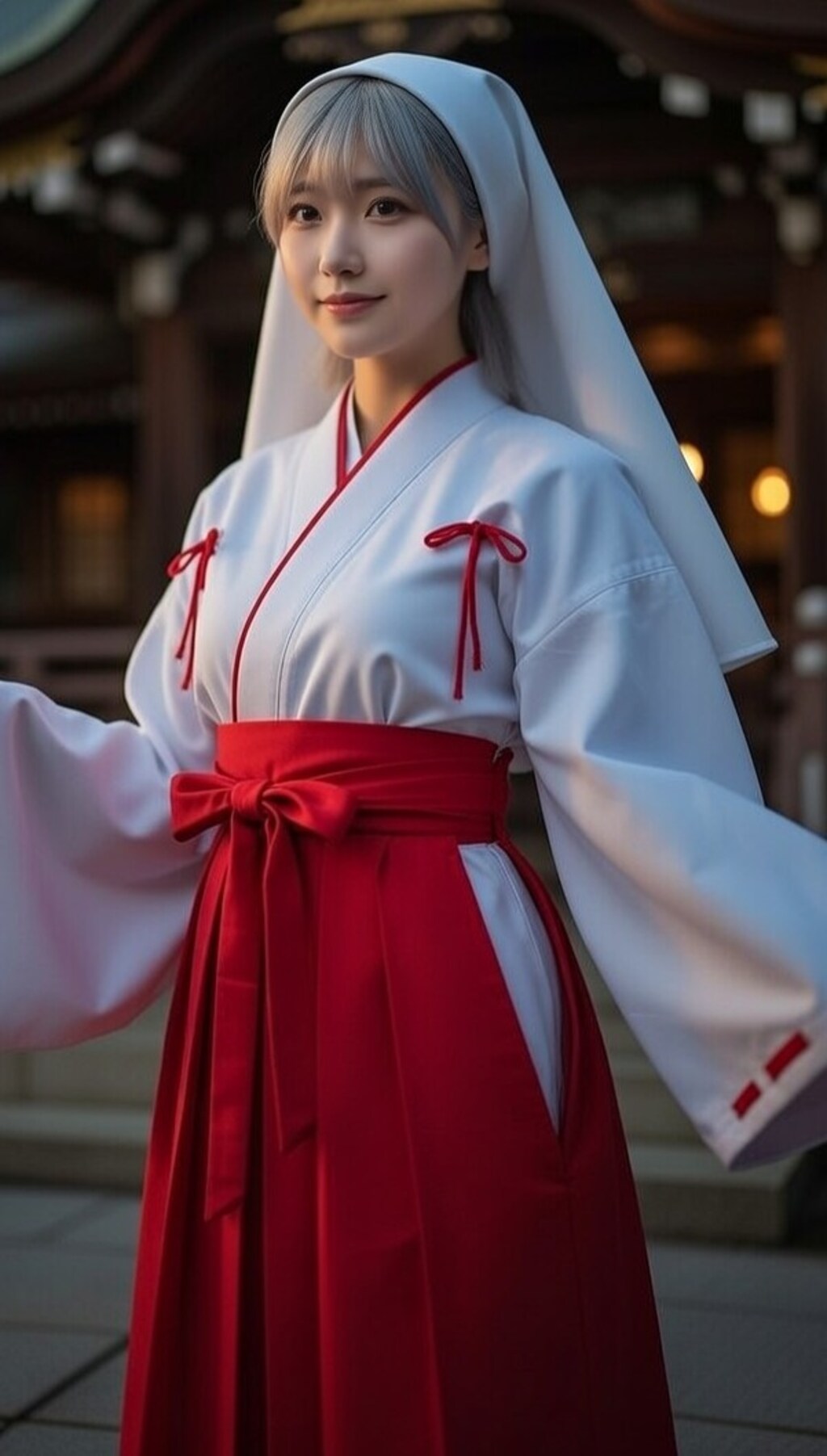 銀髪ロングで巫女服の美女