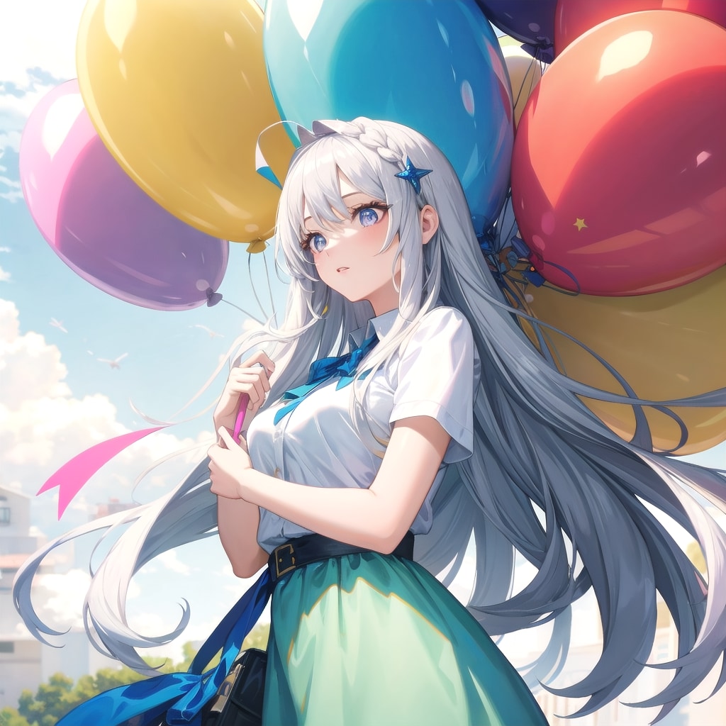 いっぱい色とりどりの風船を持つシルバーロングヘアの美女