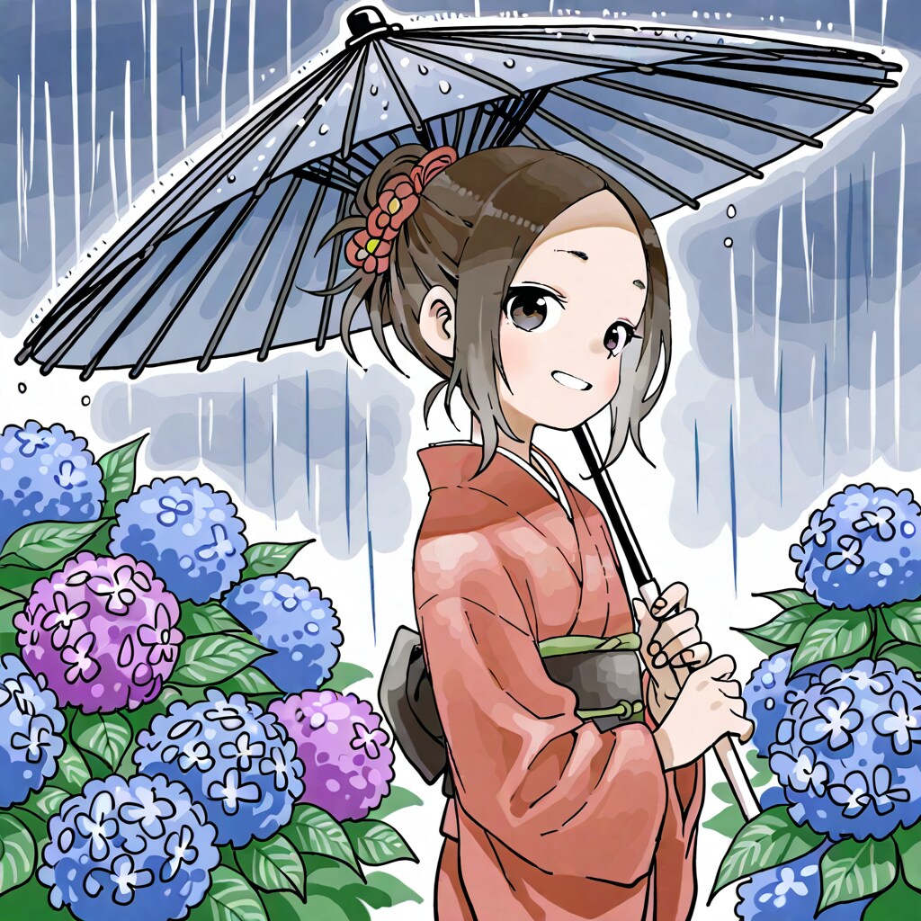 梅雨の紫陽花と少女