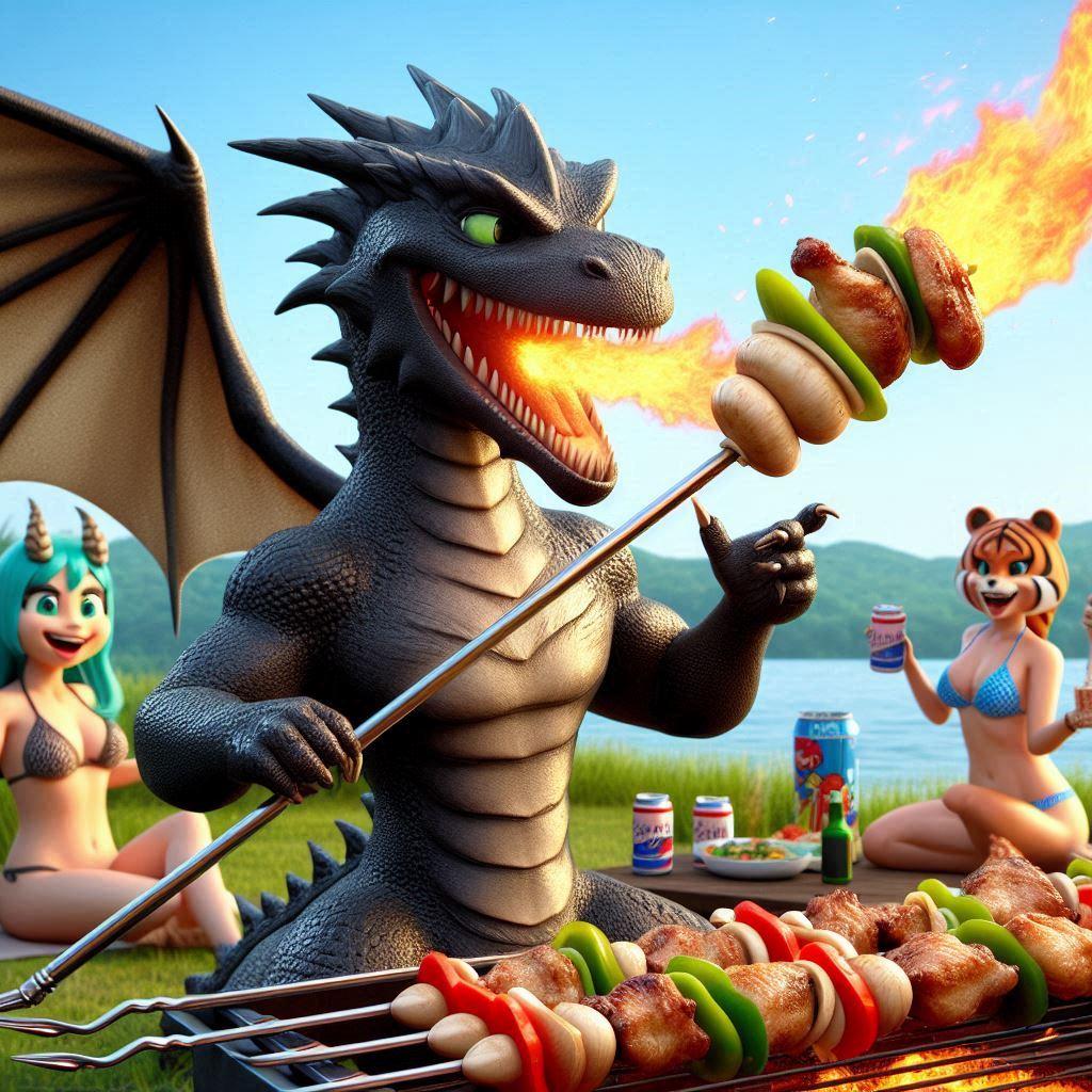 バーベキューに呼ばれたドラゴンちゃん | の人気AIイラスト・グラビア