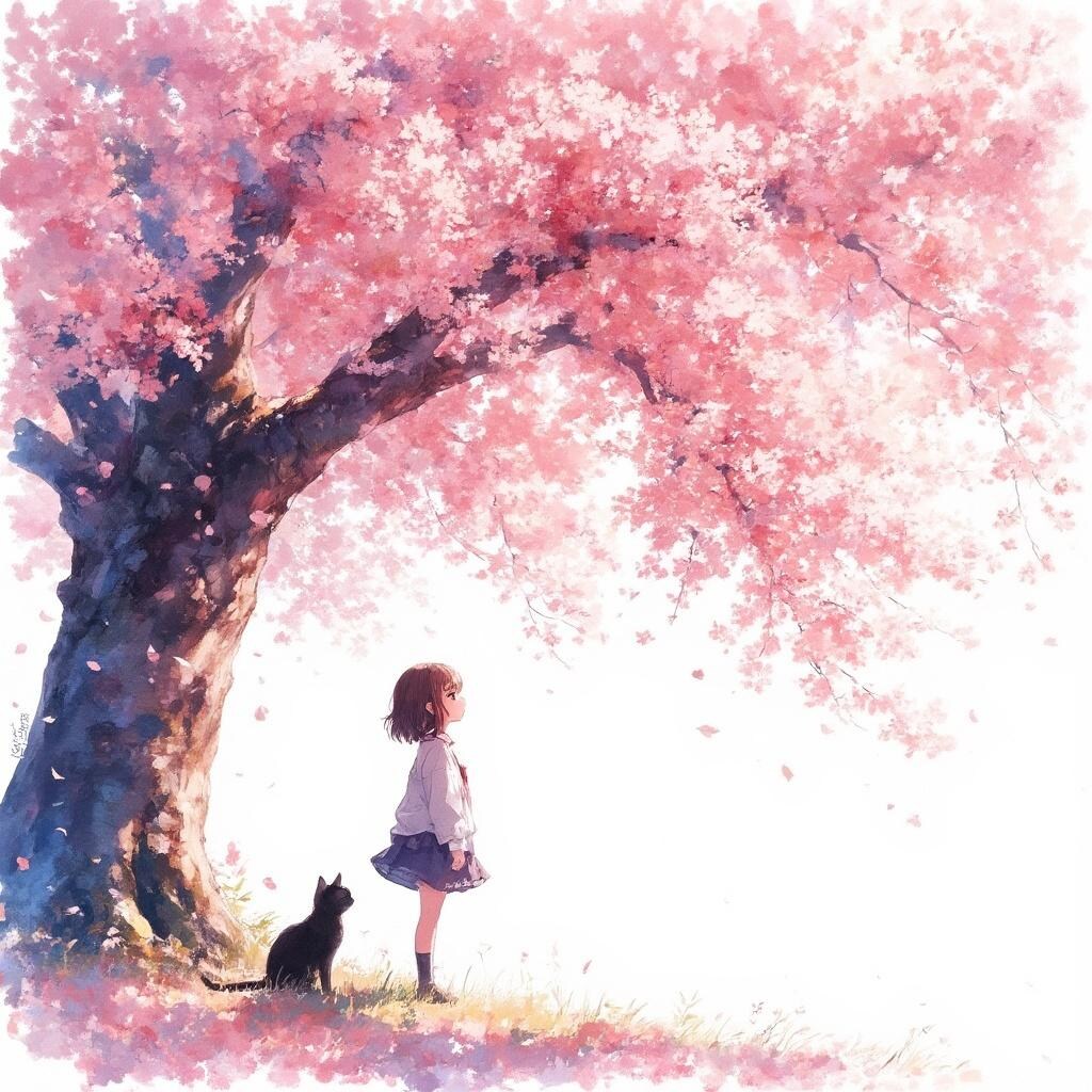 少女と猫と桜の木