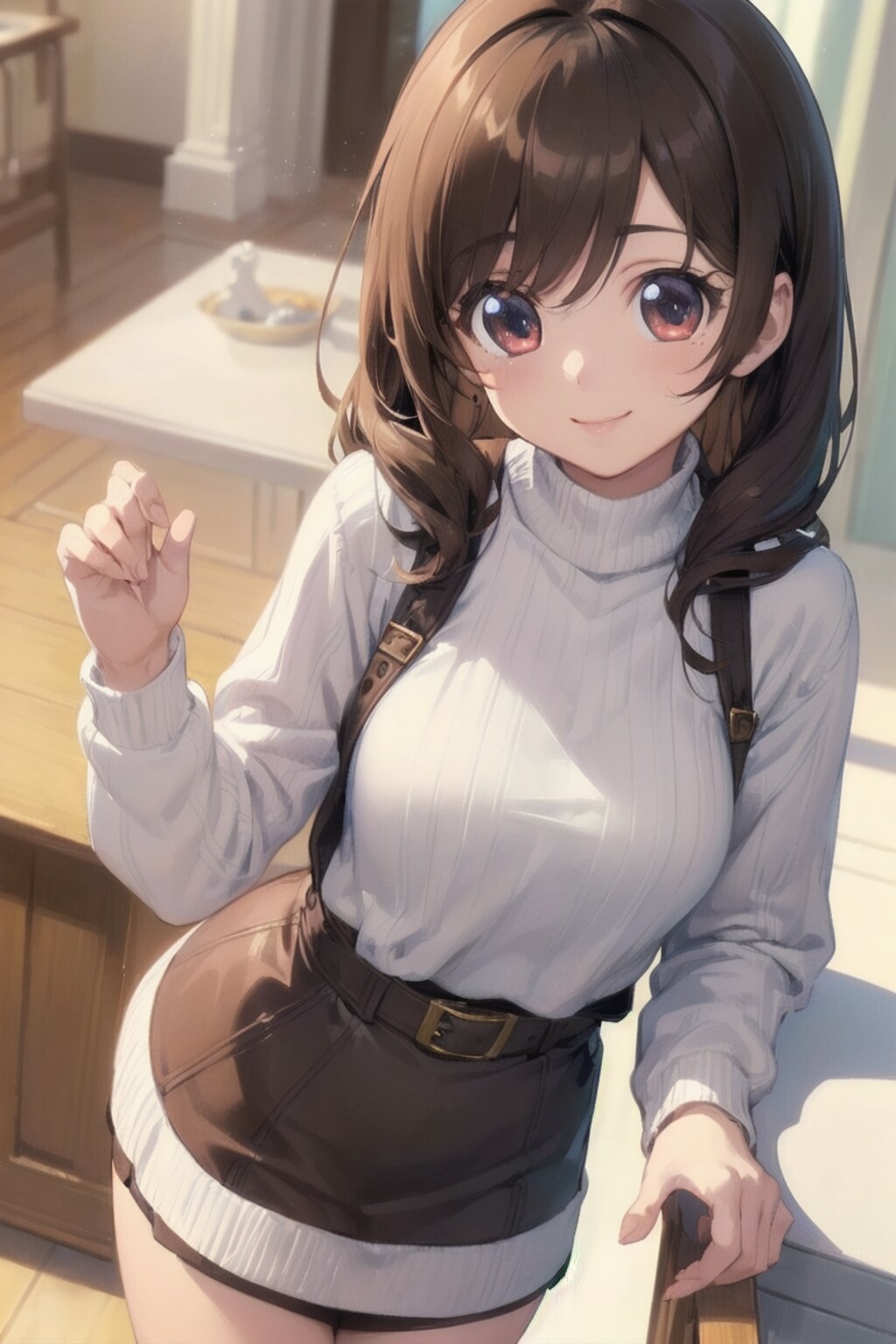 cute eye , aika , white knit , brown skirt
