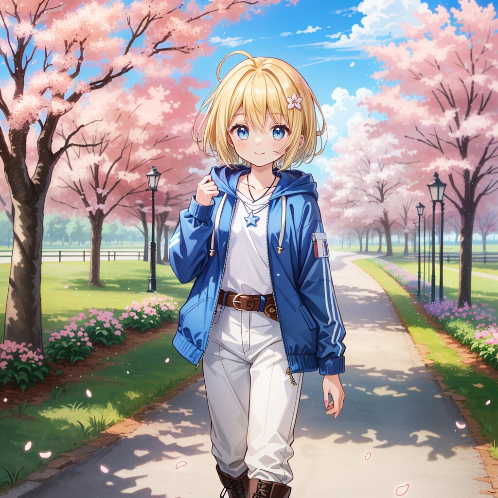 カジュアルな普段着で桜並木を歩くシスター