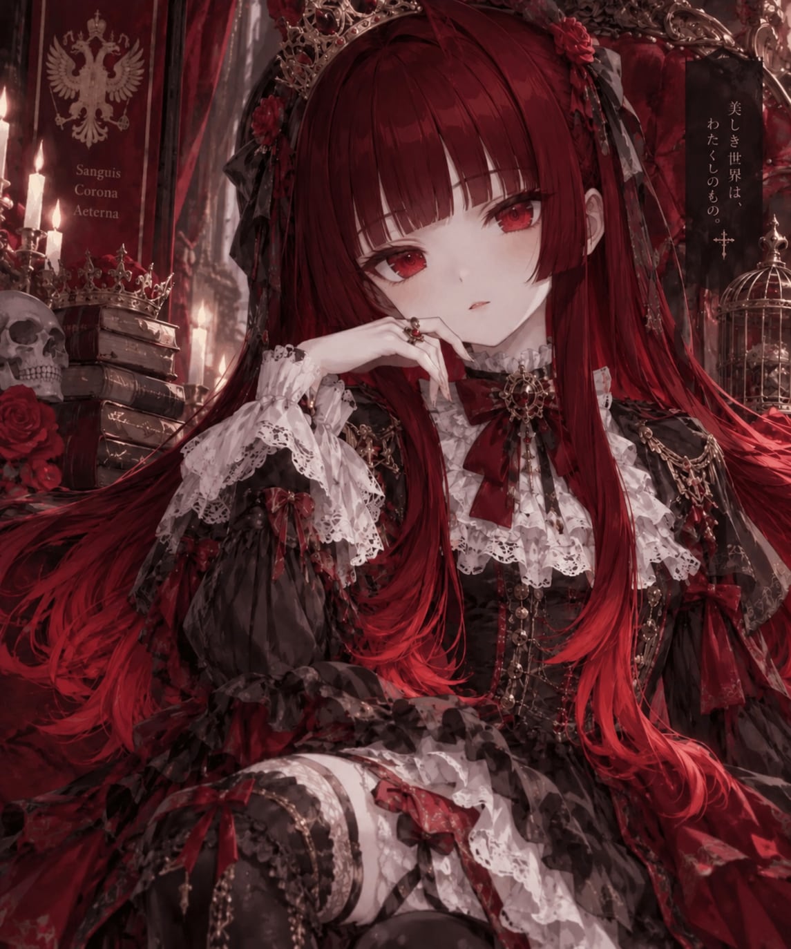 クリムゾンの髪色で姫カットの女の子 | の人気AIイラスト・グラビア