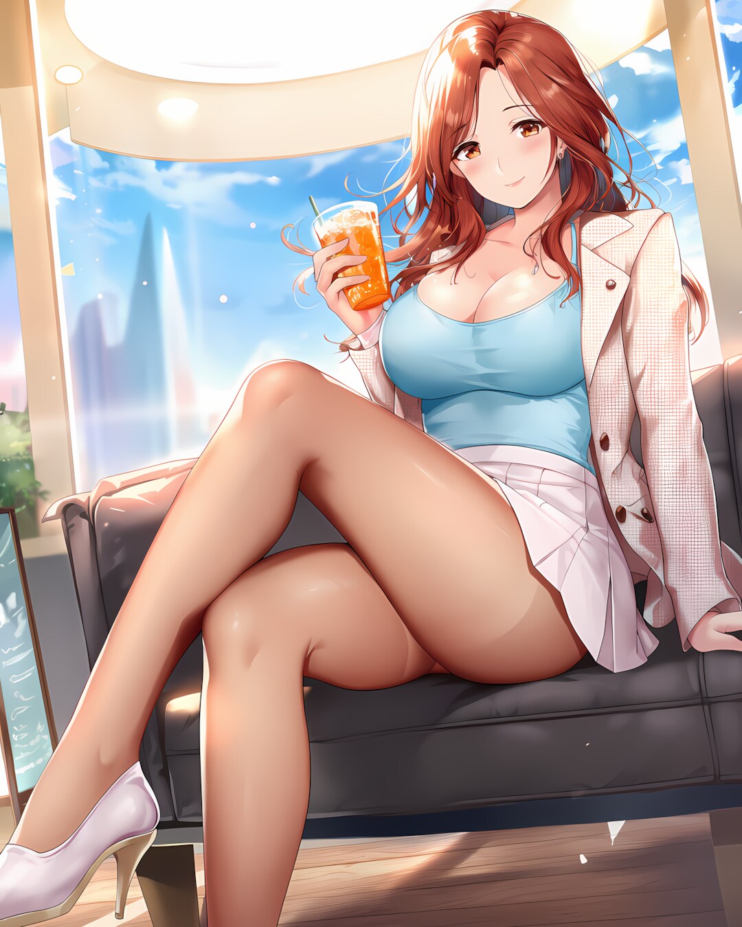 ☕カフェで一息✨シアータイツ美脚の大人ギャル