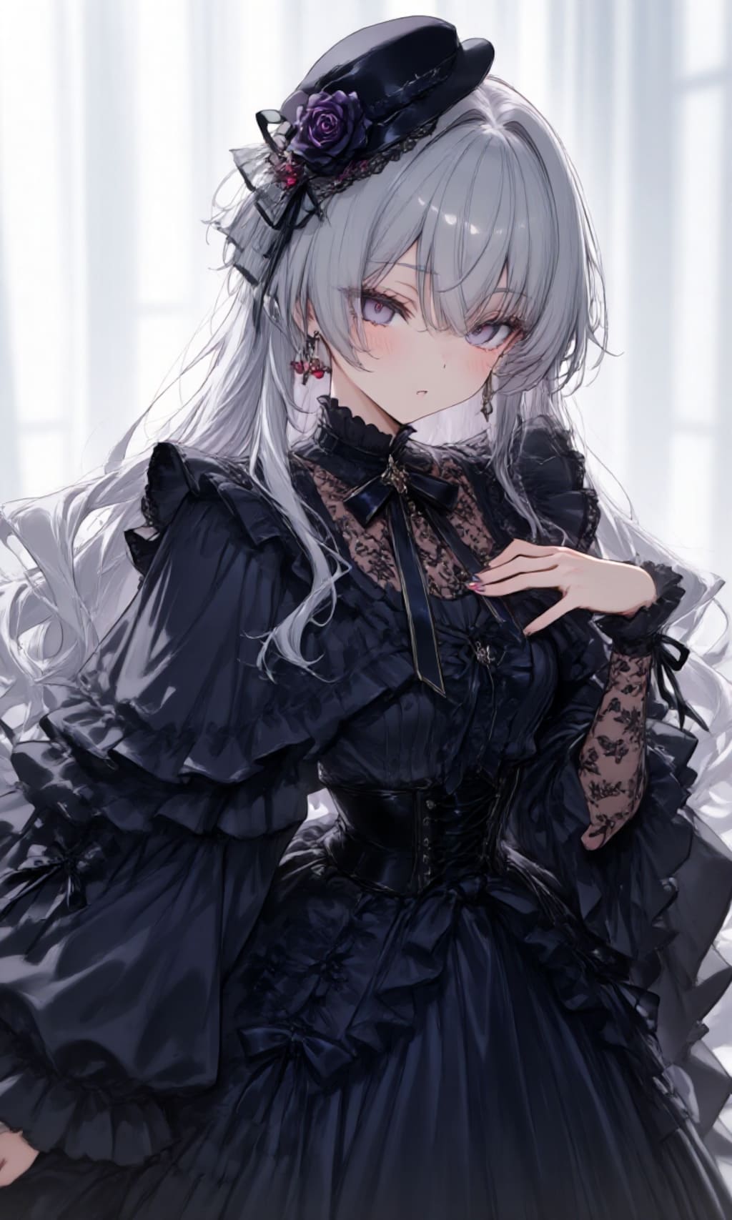 黒のドレスを着て