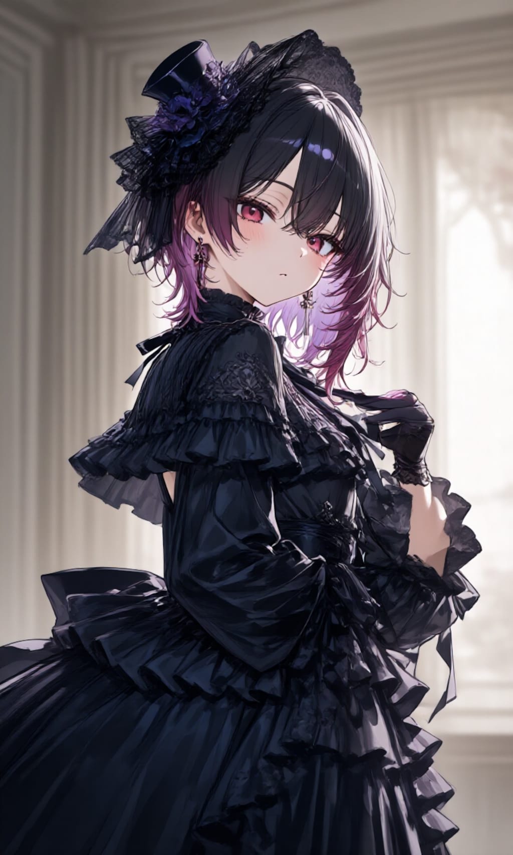 黒のドレスを着て