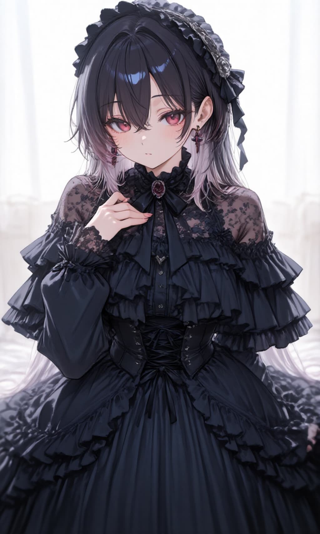 黒のドレスを着て