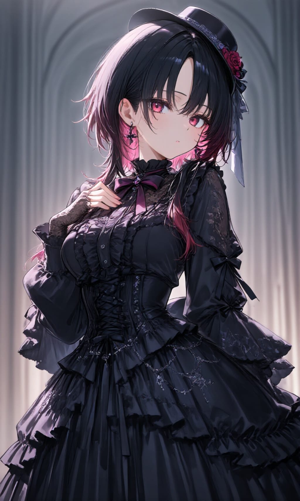 黒のドレスを着て