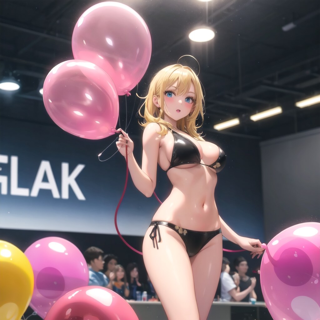 ピンクの風船をランウェイいっぱいに膨らませて遊ぶブロンドロングの美女