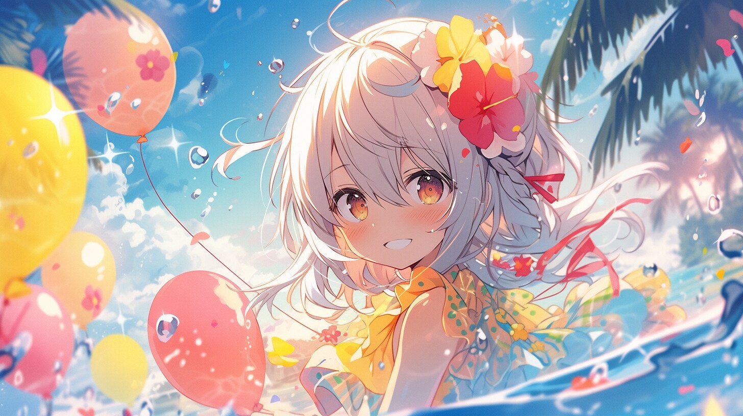 風船と花冠が舞う夏の海辺 | の人気AIイラスト・グラビア