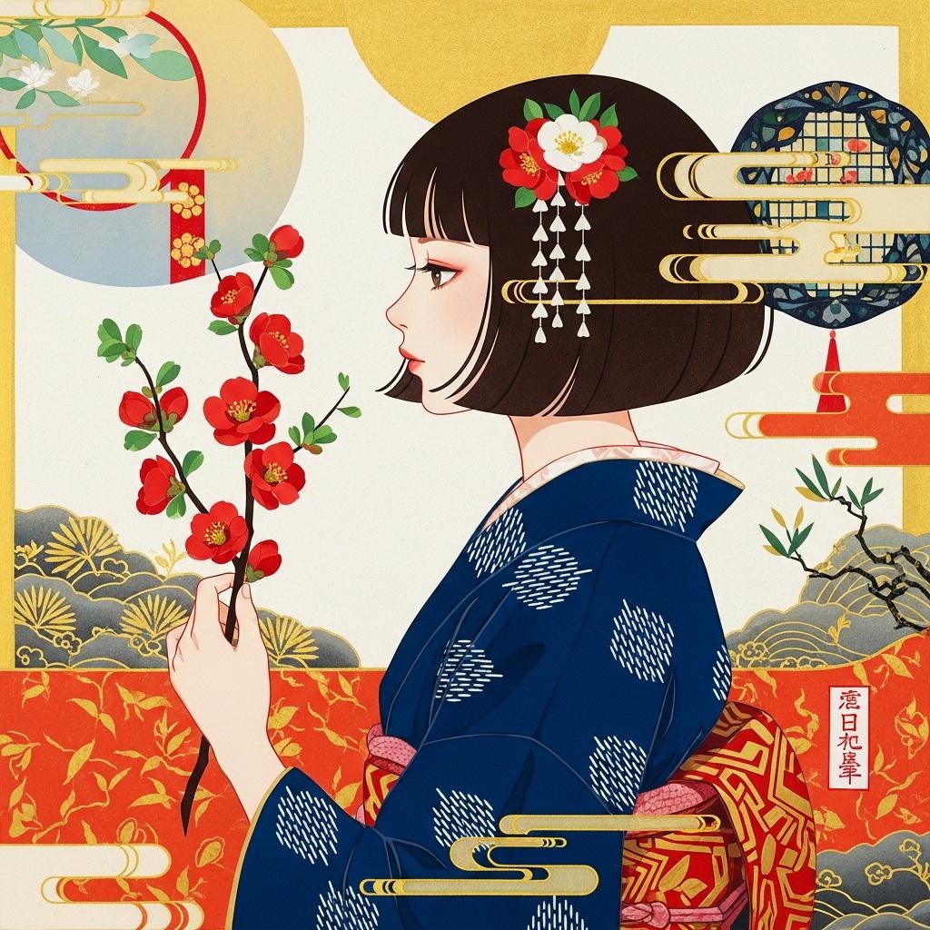 木瓜の花を手に持つ少女