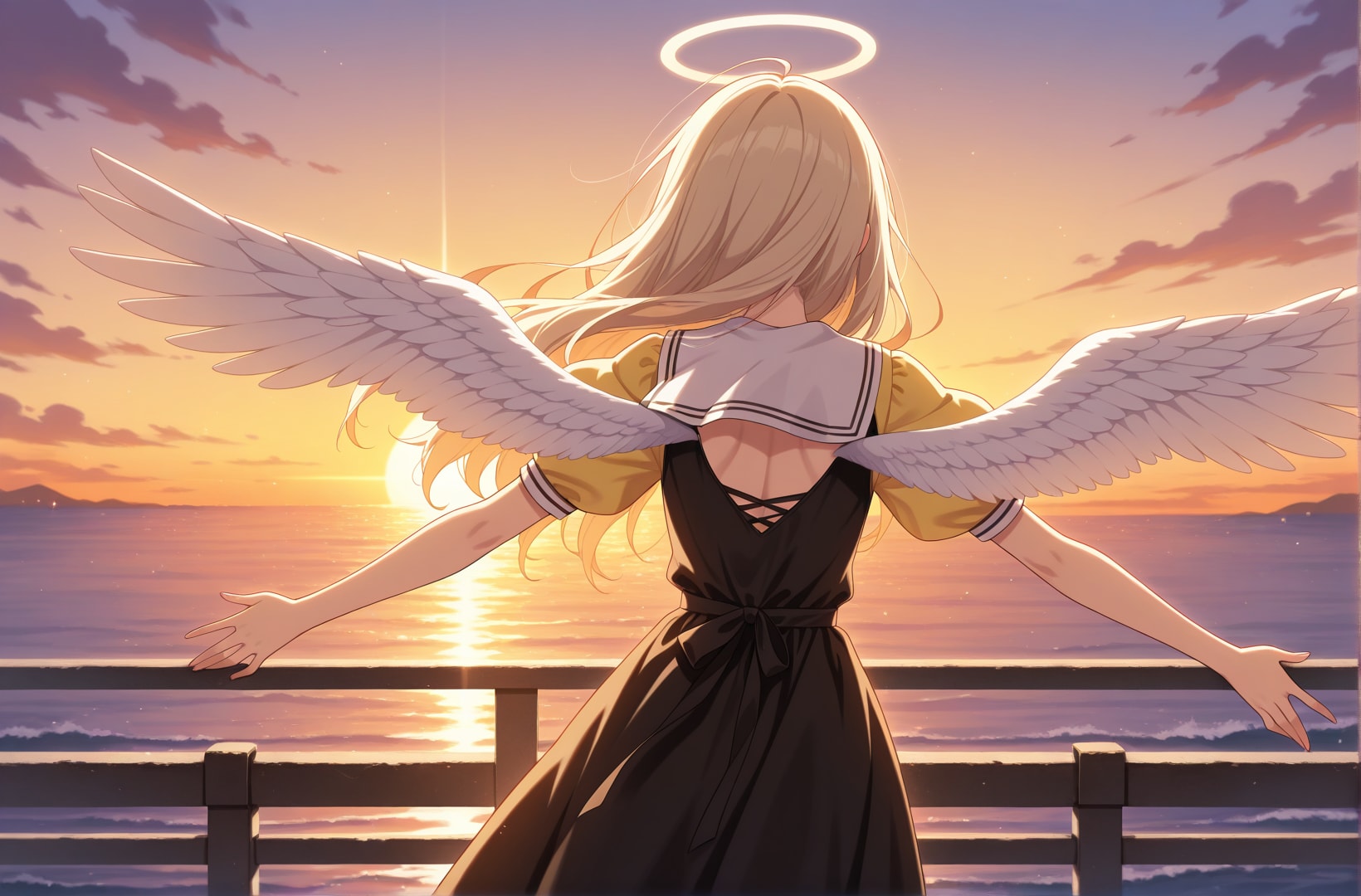 リゾート地の浜辺で夕日に向かいゴールしたい人の真似をするアイドルになりたい天使