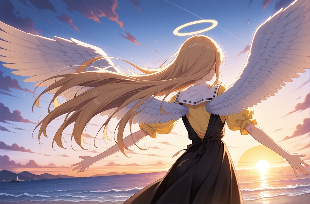リゾート地の浜辺で夕日に向かいゴールしたい人の真似をするアイドルになりたい天使
