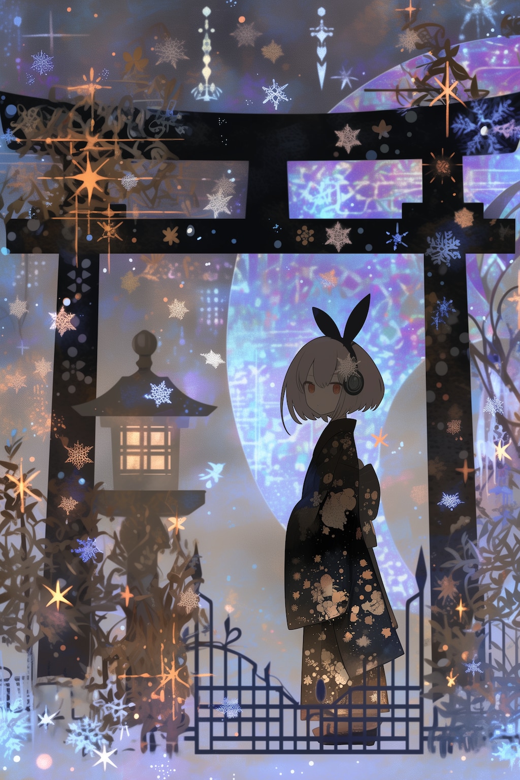 雪降る神社にて