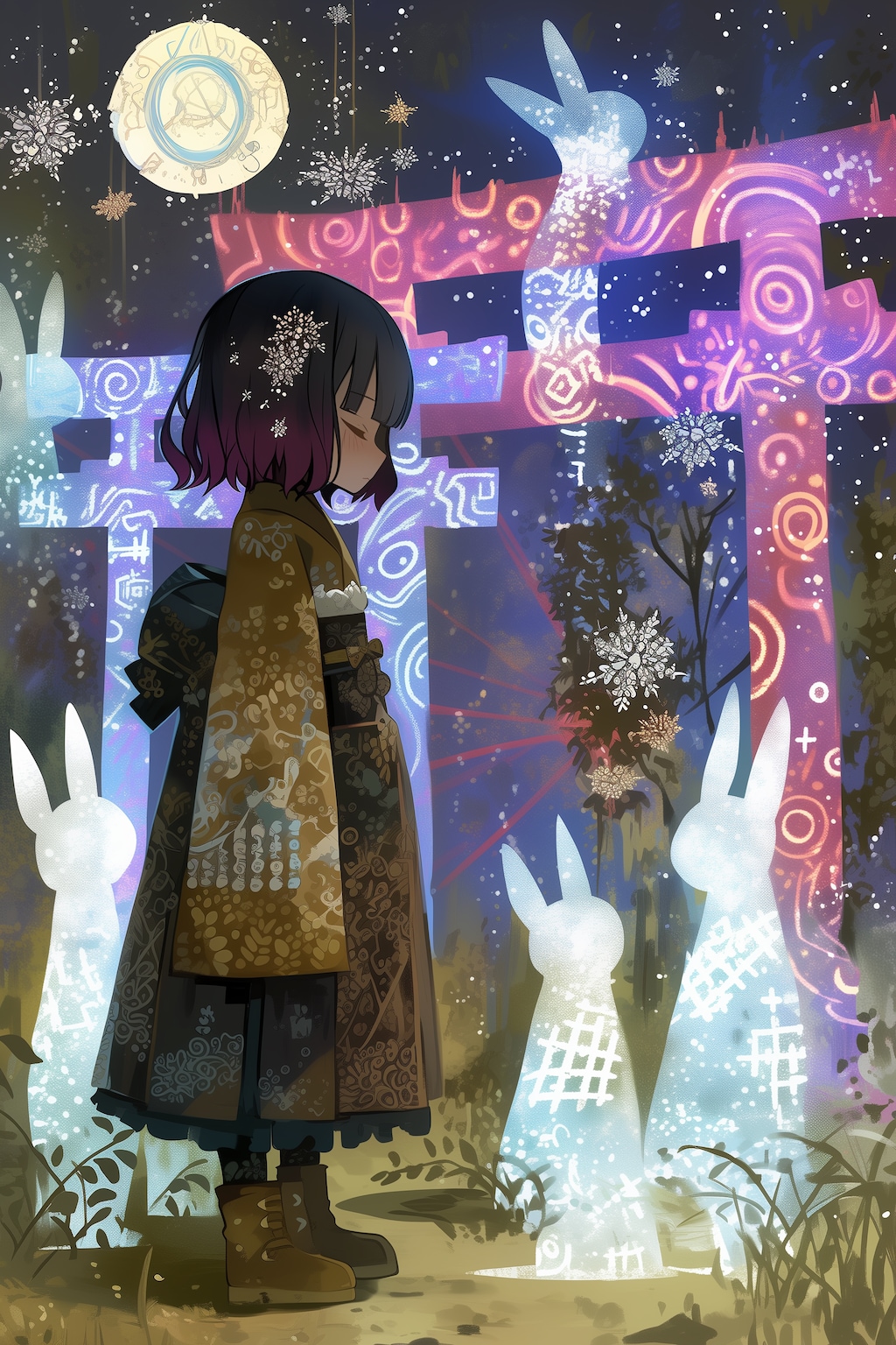 雪降る神社にて